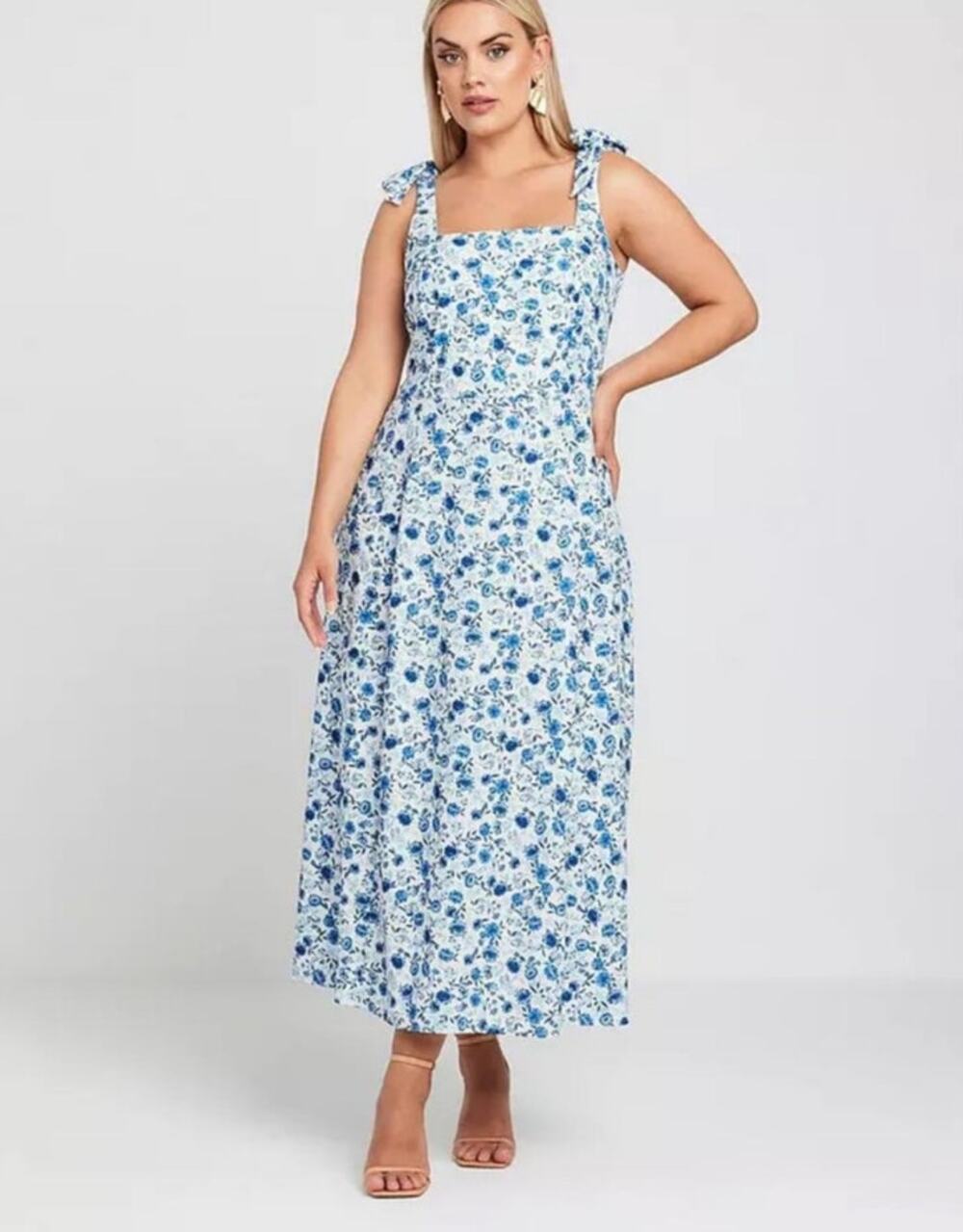 Draper James Blue Floral Tie Strap Cotton Cottagecore Prairie Midi Dress Size M